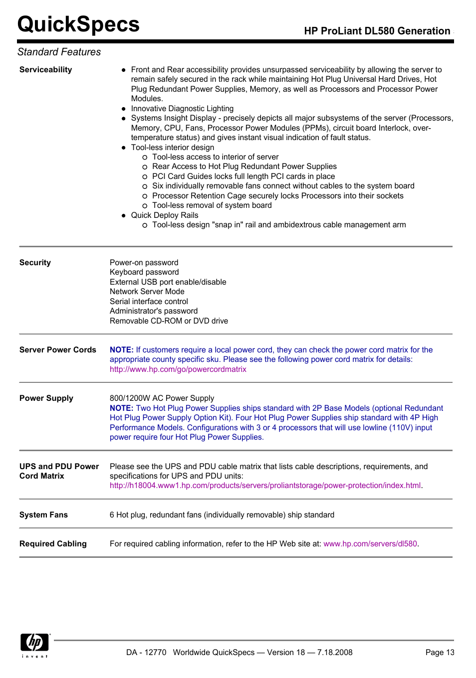 Quickspecs, Hp proliant dl580 generation 5 standard features | HP Proliant DL580 User Manual | Page 13 / 48