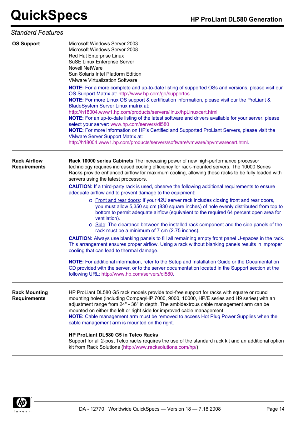 Quickspecs, Hp proliant dl580 generation 5 standard features | HP Proliant DL580 User Manual | Page 14 / 48