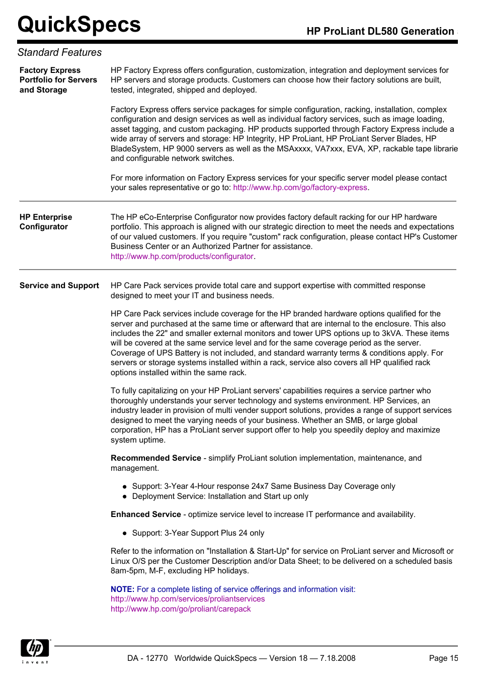 Quickspecs, Hp proliant dl580 generation 5 standard features | HP Proliant DL580 User Manual | Page 15 / 48