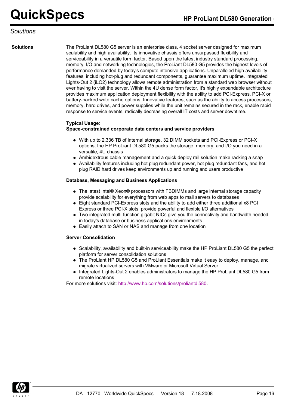 Solutions, Quickspecs | HP Proliant DL580 User Manual | Page 16 / 48