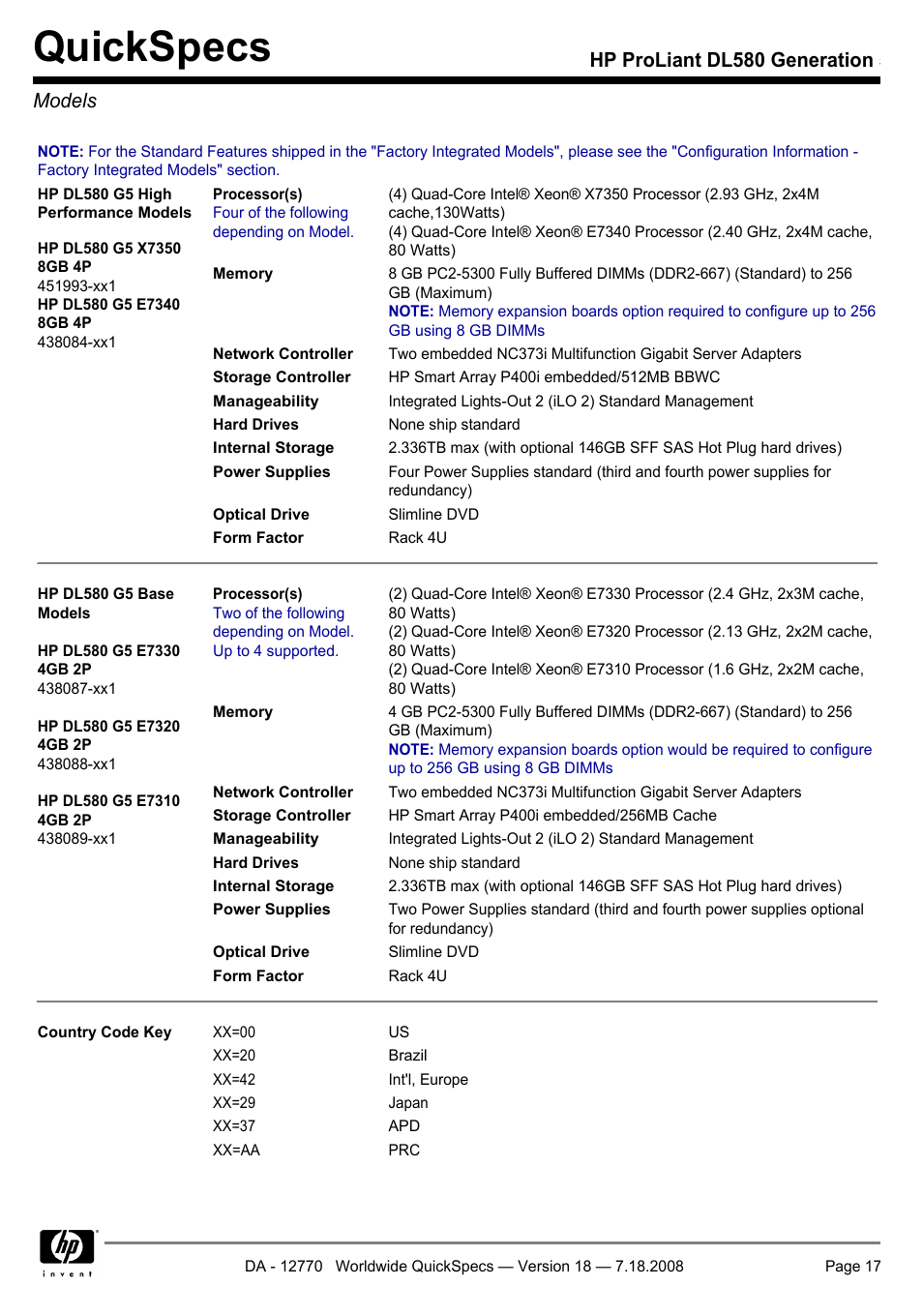 Models, Quickspecs, Hp proliant dl580 generation 5 models | HP Proliant DL580 User Manual | Page 17 / 48