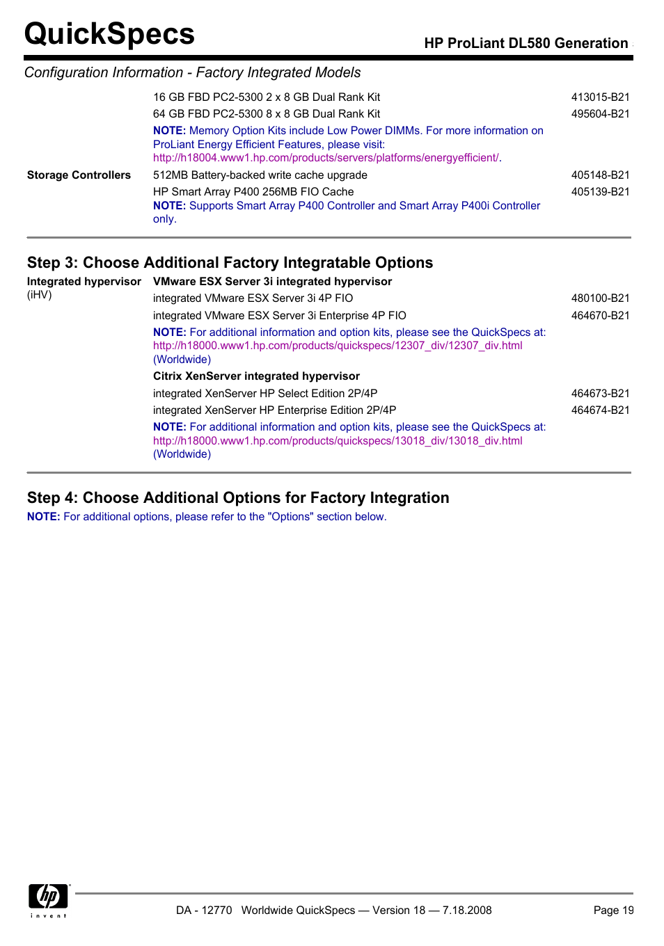 Quickspecs | HP Proliant DL580 User Manual | Page 19 / 48