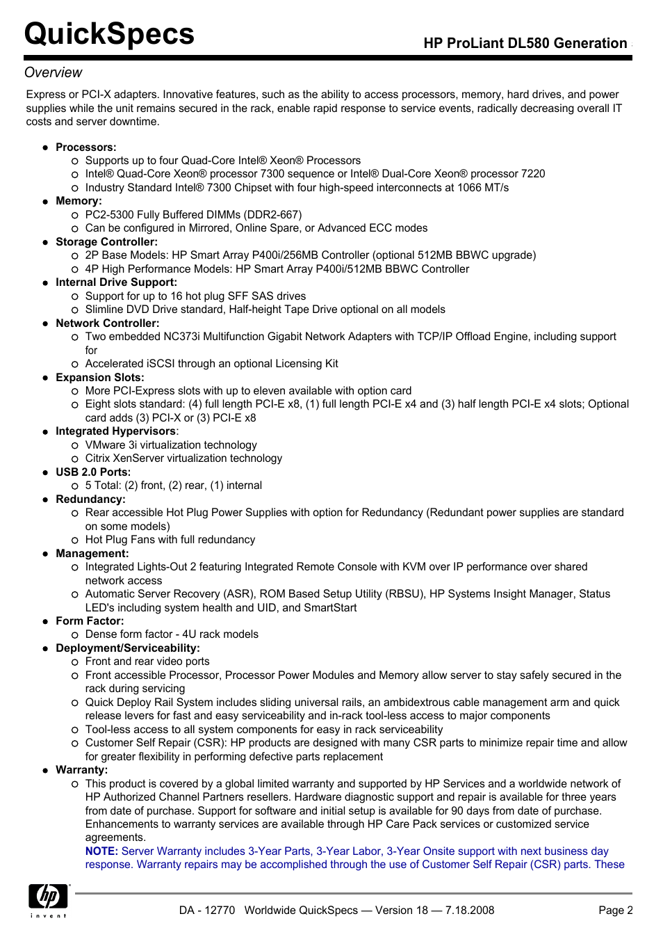 Quickspecs, Hp proliant dl580 generation 5 overview | HP Proliant DL580 User Manual | Page 2 / 48