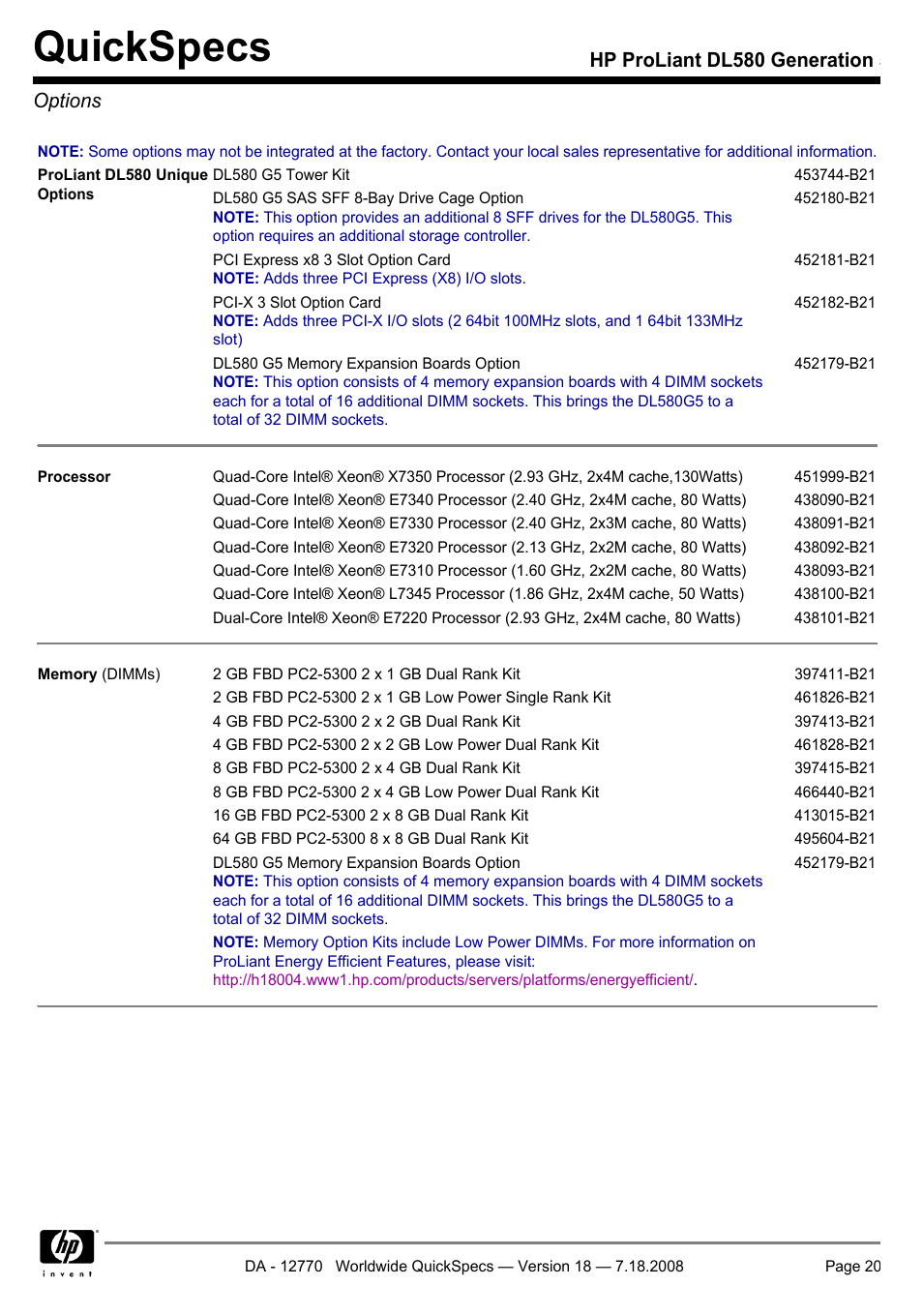 Options, Quickspecs, Hp proliant dl580 generation 5 options | HP Proliant DL580 User Manual | Page 20 / 48