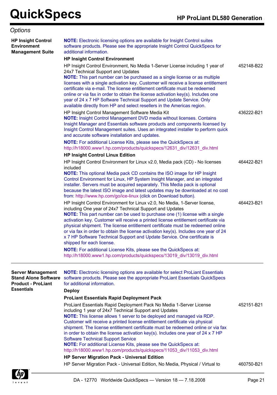 Quickspecs, Hp proliant dl580 generation 5 options | HP Proliant DL580 User Manual | Page 21 / 48