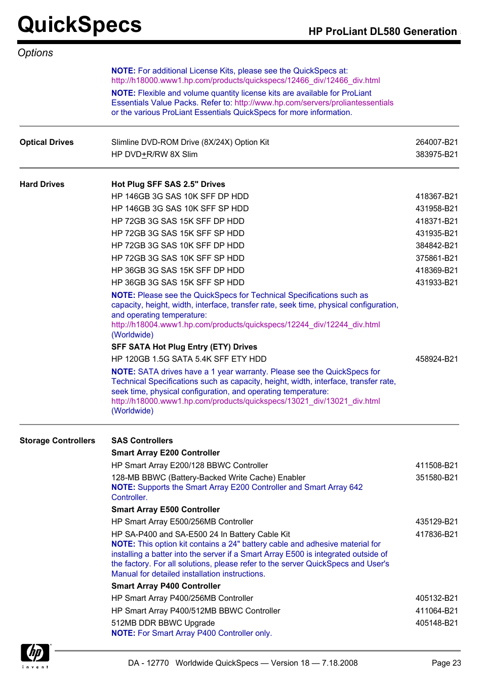 Quickspecs, Hp proliant dl580 generation 5 options | HP Proliant DL580 User Manual | Page 23 / 48