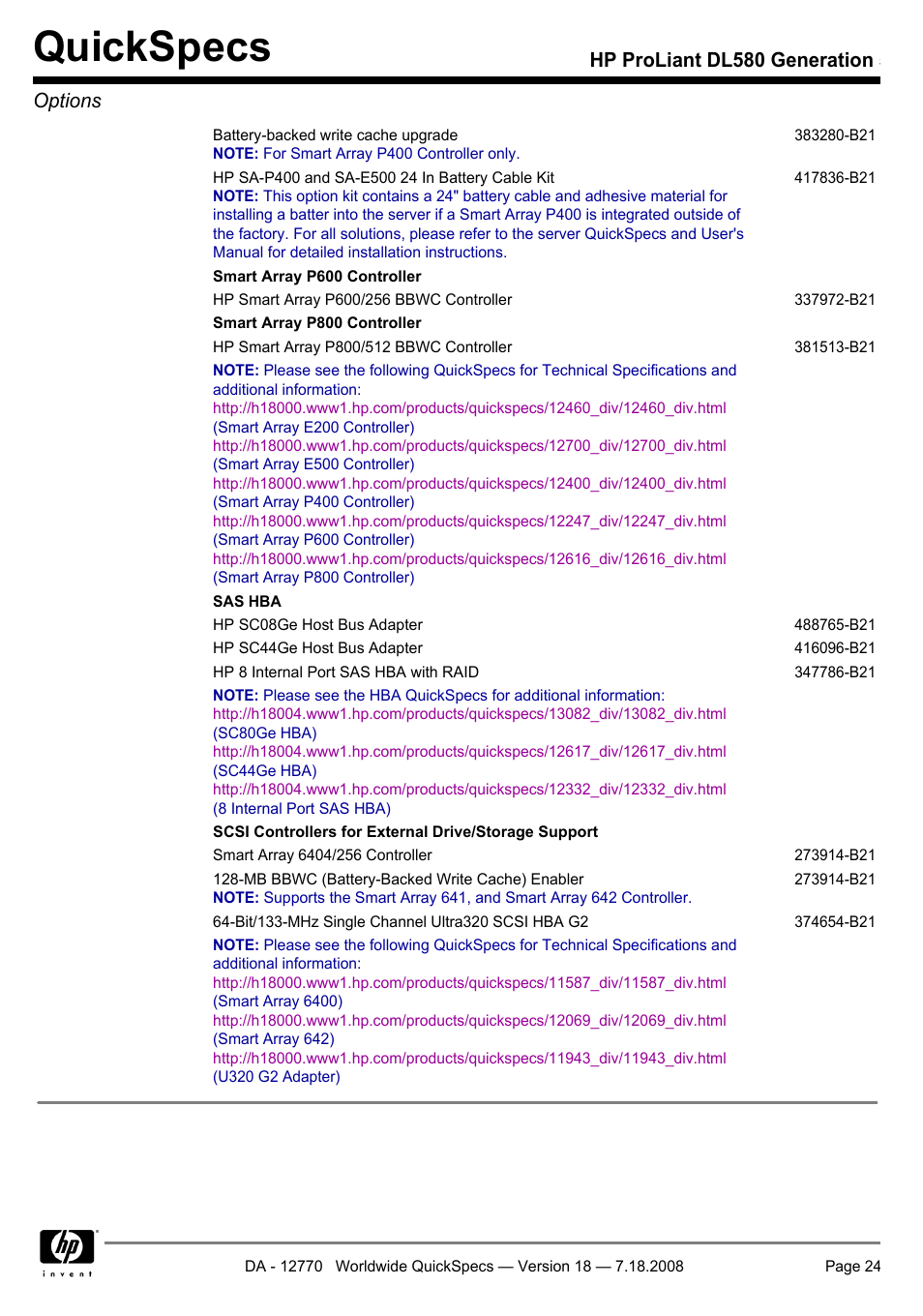 Quickspecs, Hp proliant dl580 generation 5 options | HP Proliant DL580 User Manual | Page 24 / 48