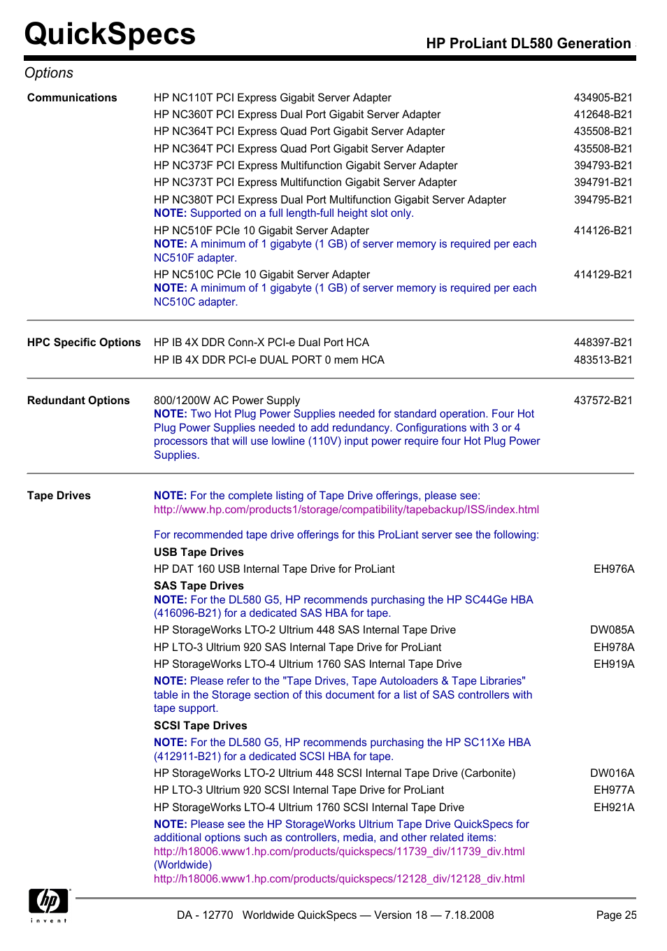 Quickspecs, Hp proliant dl580 generation 5 options | HP Proliant DL580 User Manual | Page 25 / 48