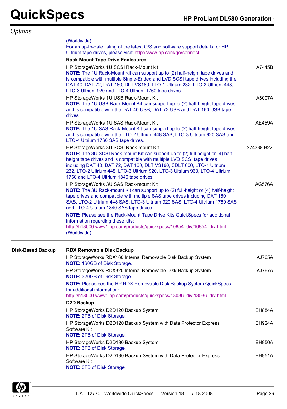 Quickspecs, Hp proliant dl580 generation 5 options | HP Proliant DL580 User Manual | Page 26 / 48