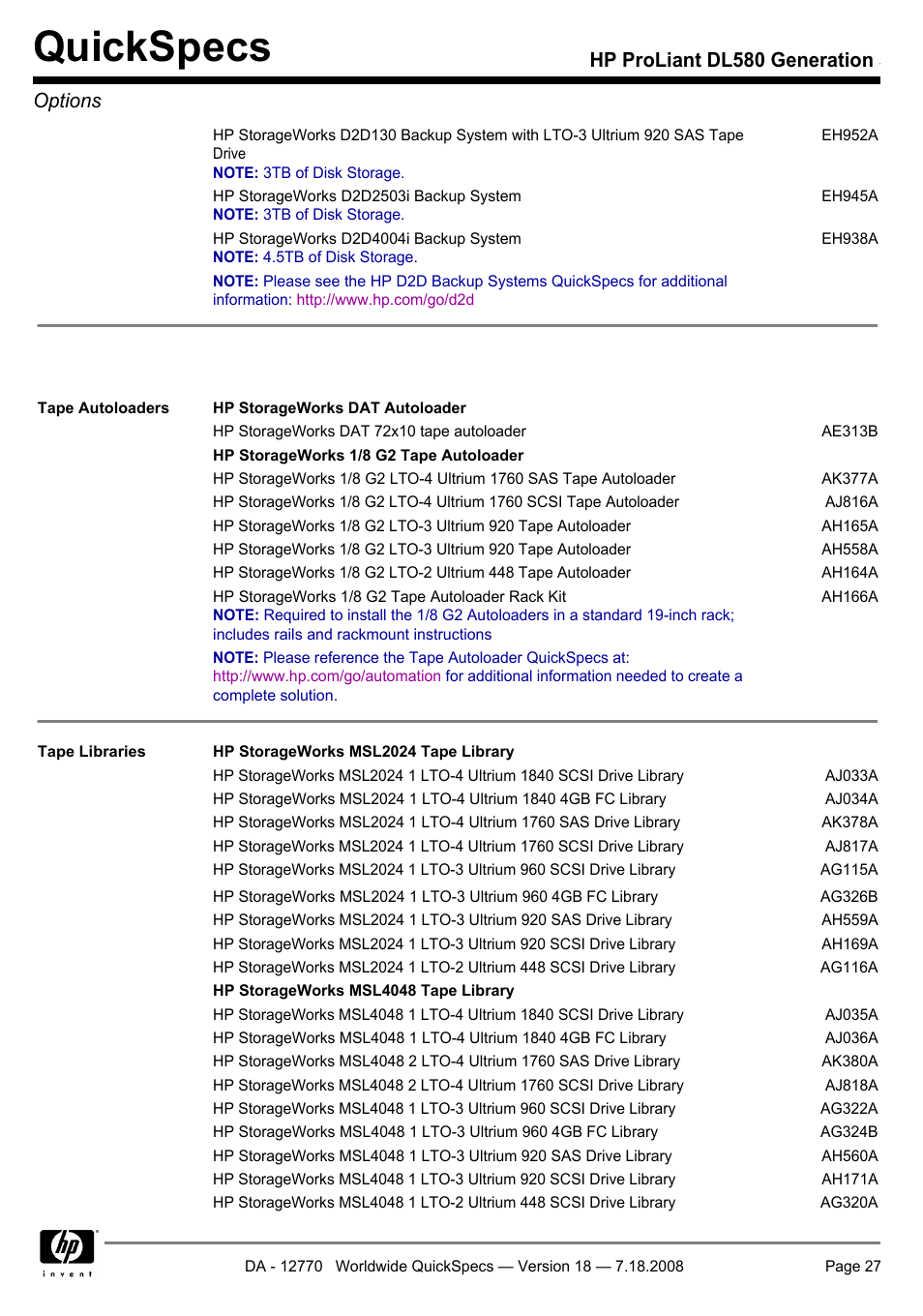 Quickspecs, Hp proliant dl580 generation 5 options | HP Proliant DL580 User Manual | Page 27 / 48