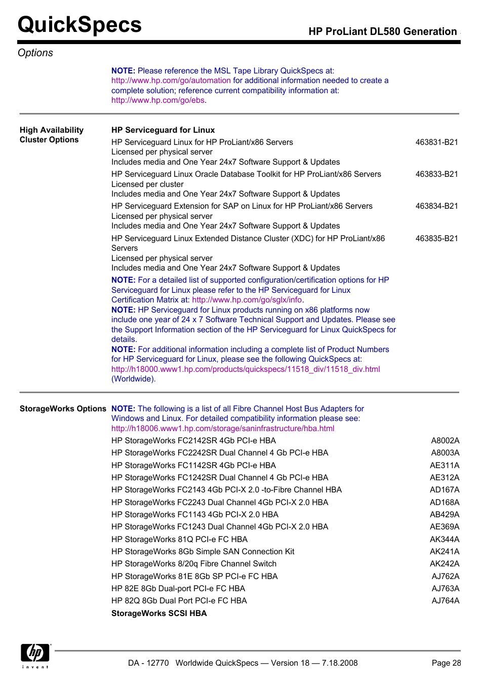 Quickspecs, Hp proliant dl580 generation 5 options | HP Proliant DL580 User Manual | Page 28 / 48