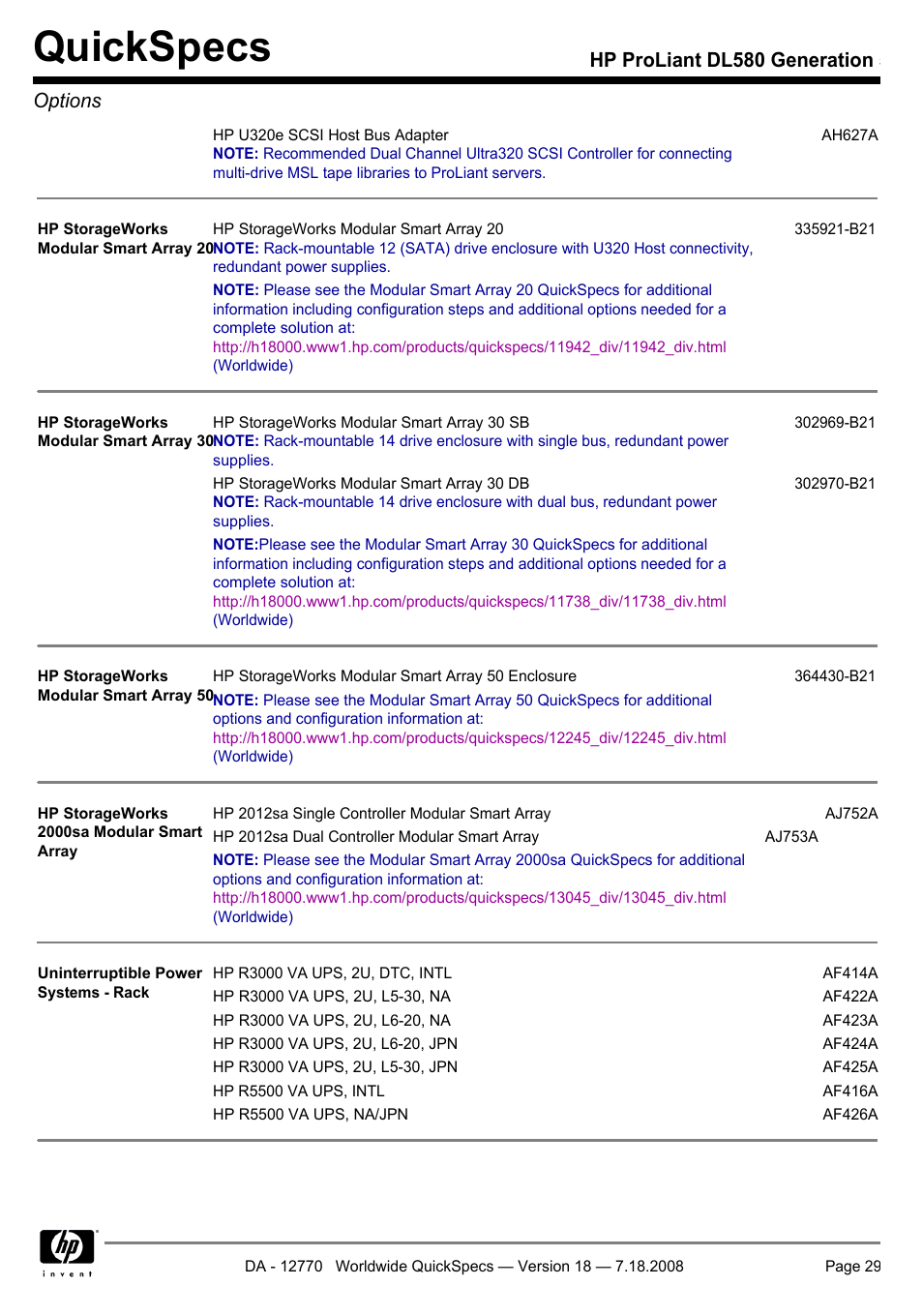 Quickspecs, Hp proliant dl580 generation 5 options | HP Proliant DL580 User Manual | Page 29 / 48