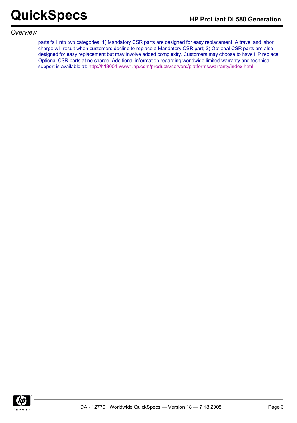 Quickspecs | HP Proliant DL580 User Manual | Page 3 / 48