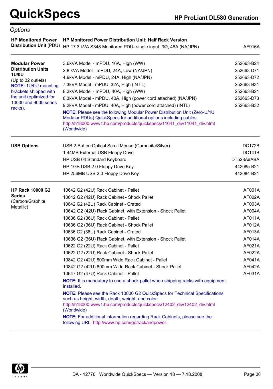 Quickspecs, Hp proliant dl580 generation 5 options | HP Proliant DL580 User Manual | Page 30 / 48