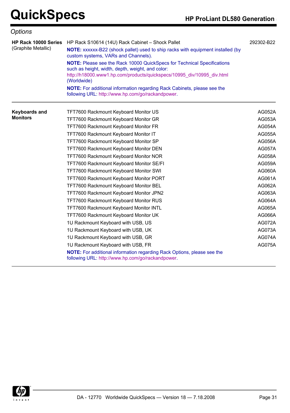 Quickspecs, Hp proliant dl580 generation 5 options | HP Proliant DL580 User Manual | Page 31 / 48