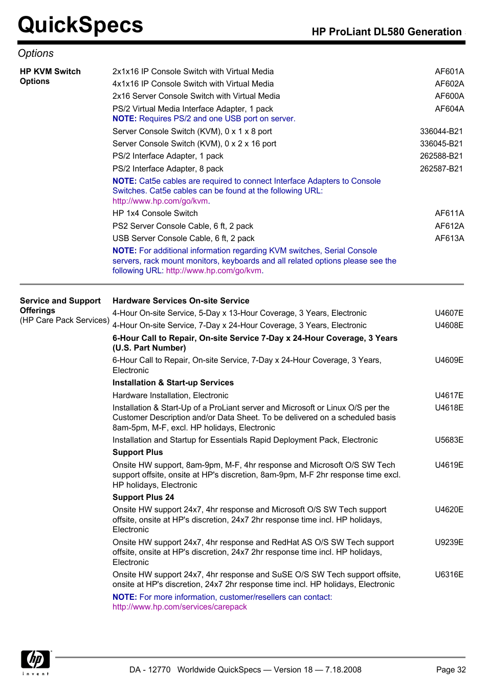 Quickspecs, Hp proliant dl580 generation 5 options | HP Proliant DL580 User Manual | Page 32 / 48