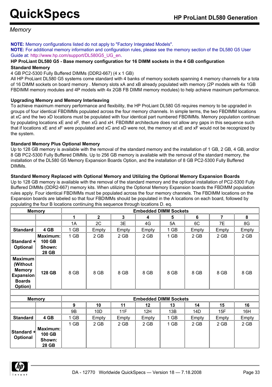 Memory, Quickspecs | HP Proliant DL580 User Manual | Page 33 / 48