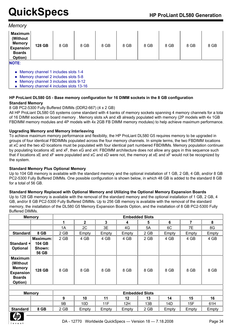 Quickspecs | HP Proliant DL580 User Manual | Page 34 / 48