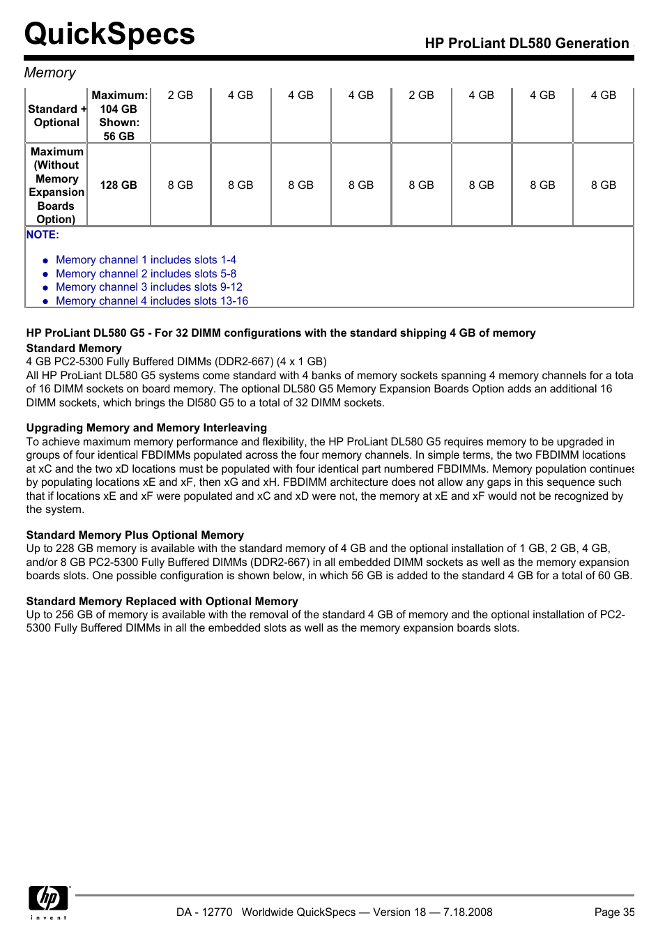 Quickspecs | HP Proliant DL580 User Manual | Page 35 / 48