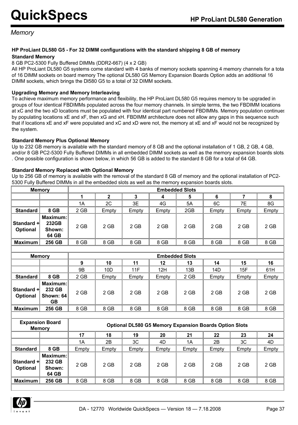 Quickspecs | HP Proliant DL580 User Manual | Page 37 / 48