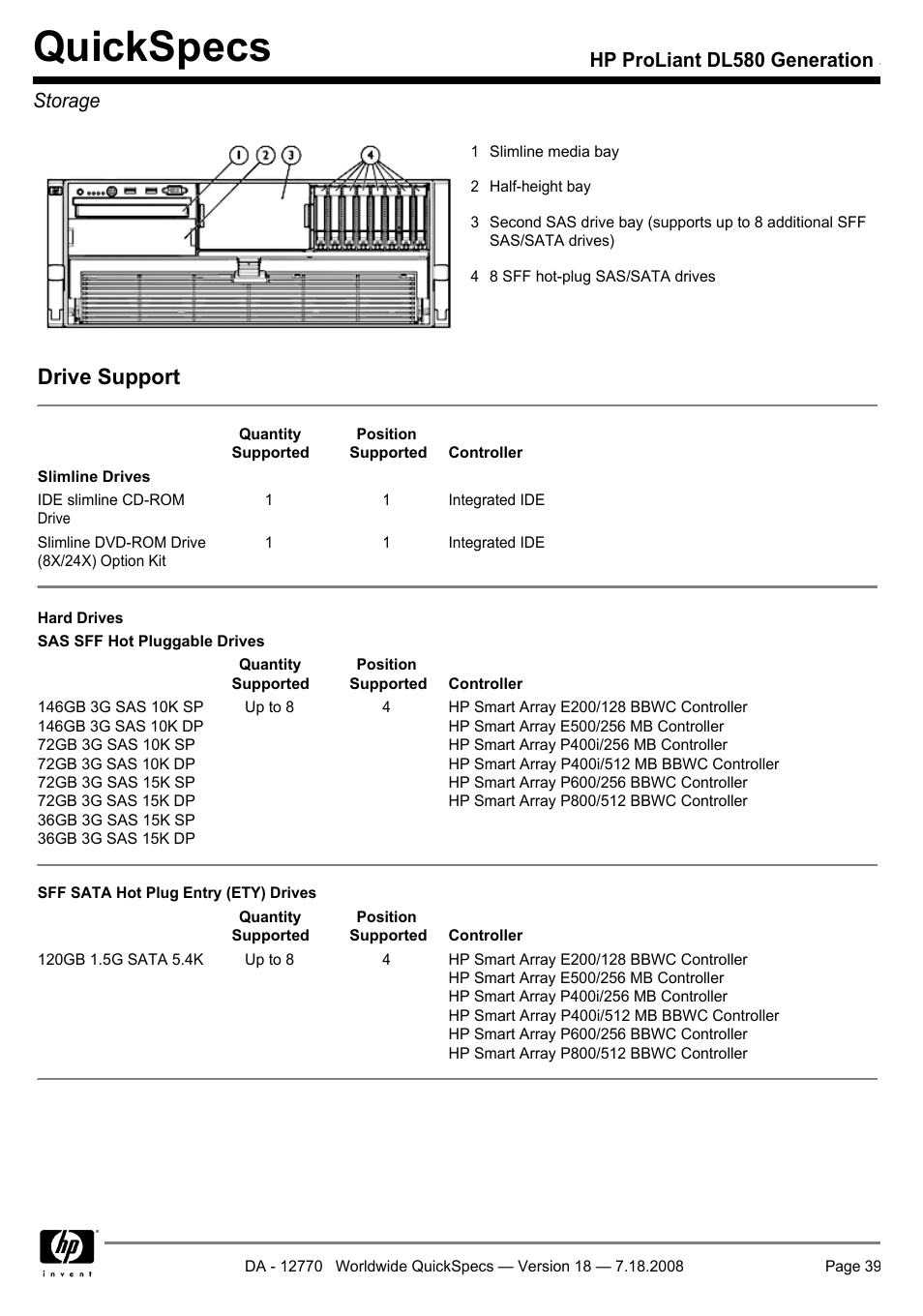 Storage, Quickspecs, Drive support | Hp proliant dl580 generation 5 storage | HP Proliant DL580 User Manual | Page 39 / 48