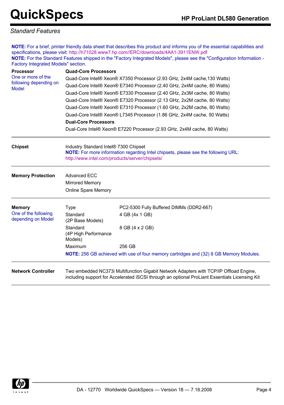 Standard features, Quickspecs, Hp proliant dl580 generation 5 standard features | HP Proliant DL580 User Manual | Page 4 / 48