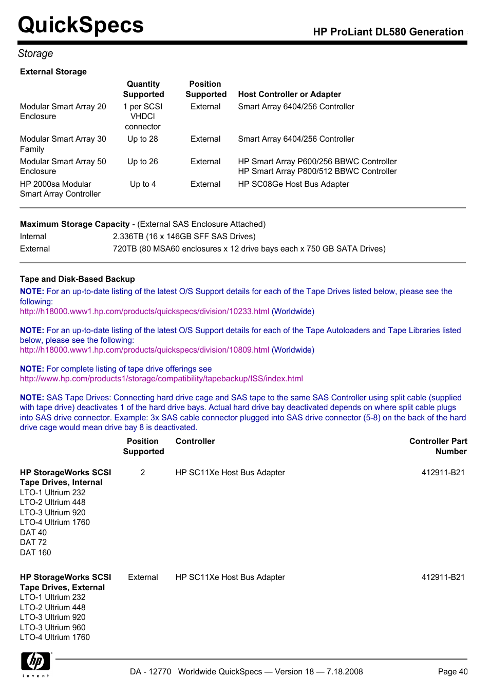 Quickspecs, Hp proliant dl580 generation 5 storage | HP Proliant DL580 User Manual | Page 40 / 48