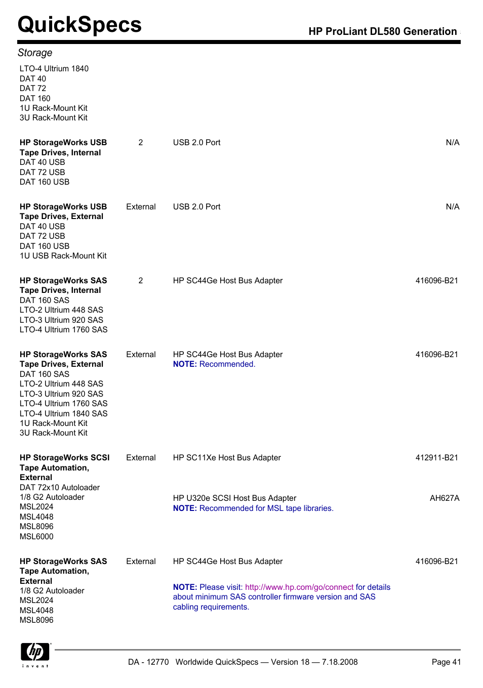 Quickspecs, Hp proliant dl580 generation 5 storage | HP Proliant DL580 User Manual | Page 41 / 48