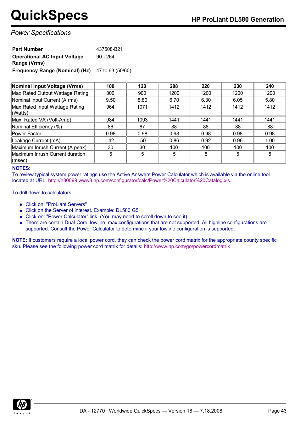 Power specifications, Quickspecs | HP Proliant DL580 User Manual | Page 43 / 48