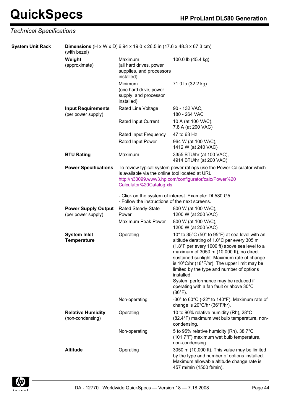 Technical specifications, Quickspecs | HP Proliant DL580 User Manual | Page 44 / 48