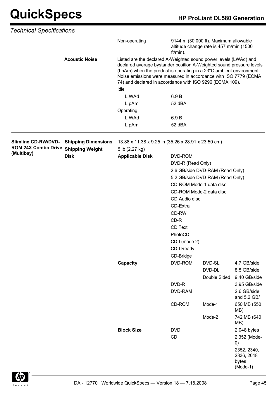 Quickspecs | HP Proliant DL580 User Manual | Page 45 / 48