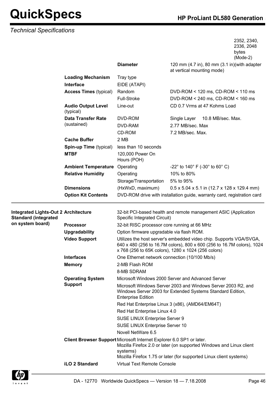 Quickspecs | HP Proliant DL580 User Manual | Page 46 / 48
