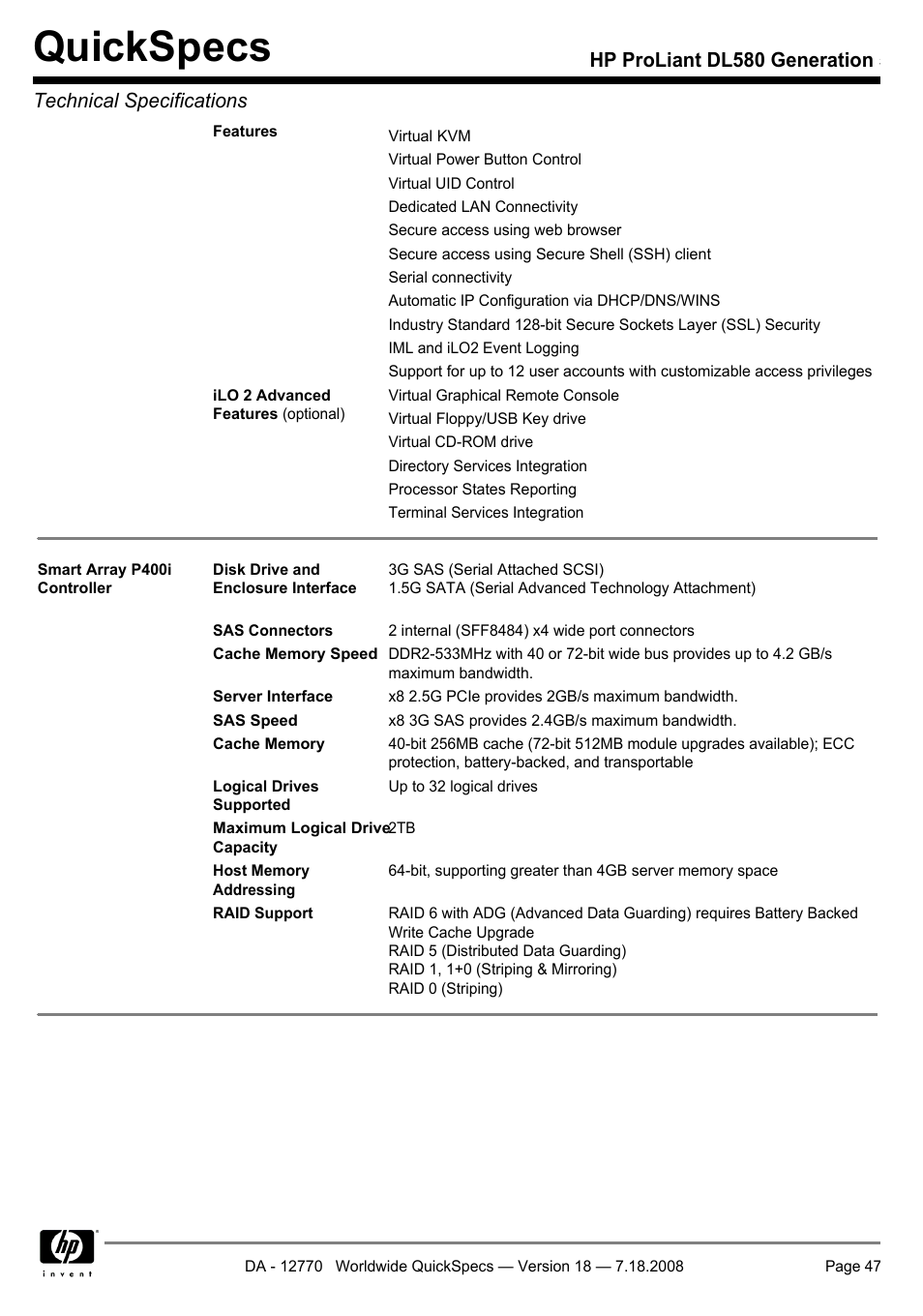 Quickspecs | HP Proliant DL580 User Manual | Page 47 / 48