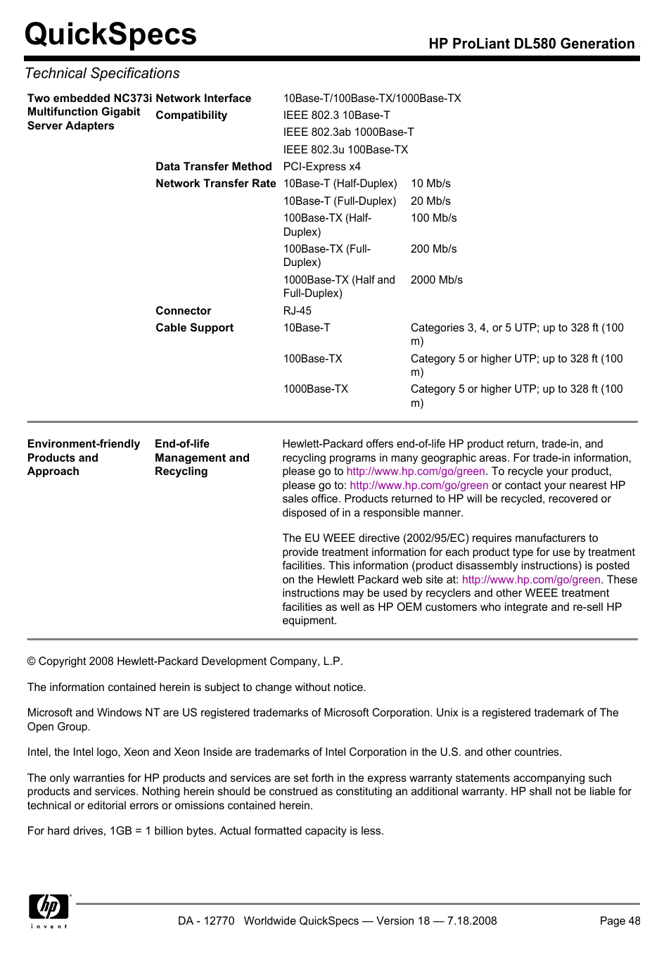 Quickspecs | HP Proliant DL580 User Manual | Page 48 / 48