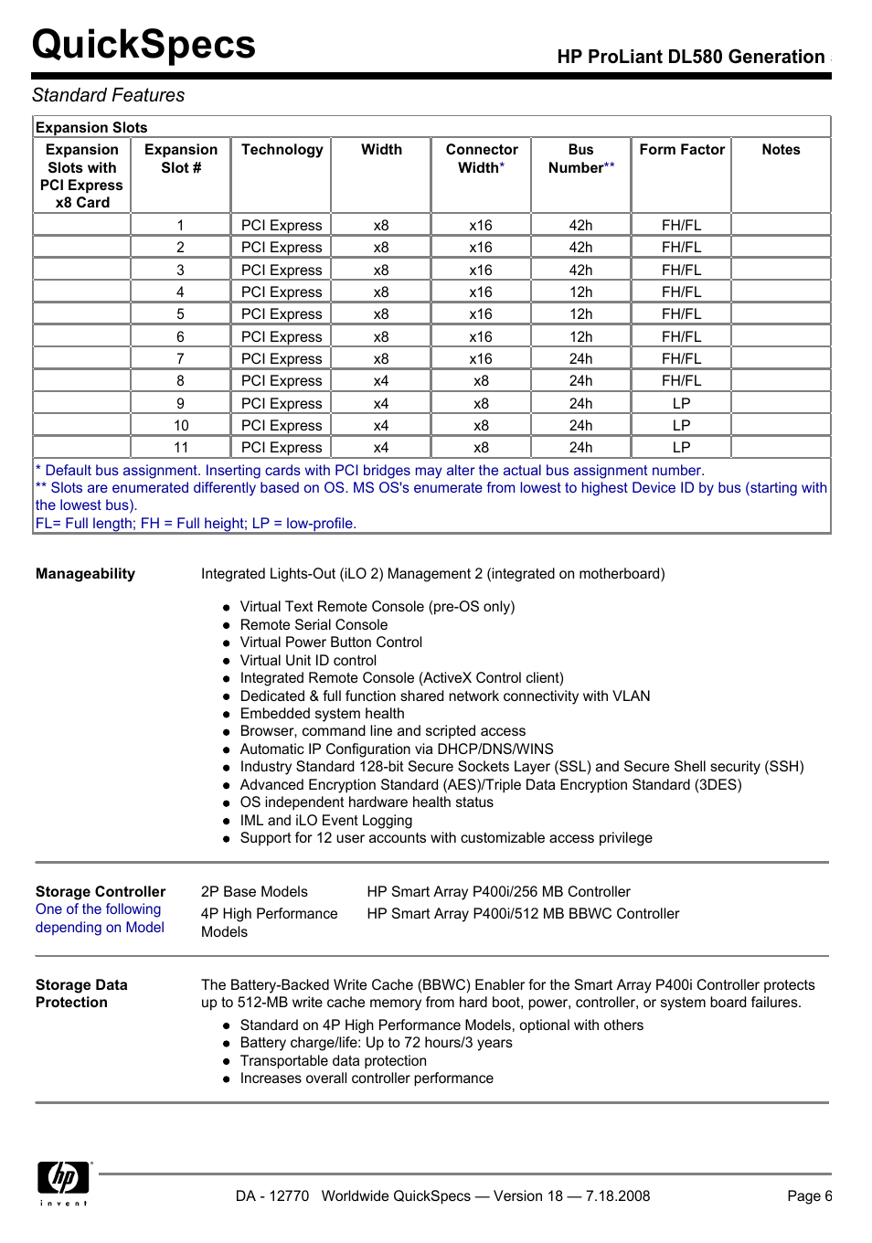 Quickspecs, Hp proliant dl580 generation 5 standard features | HP Proliant DL580 User Manual | Page 6 / 48