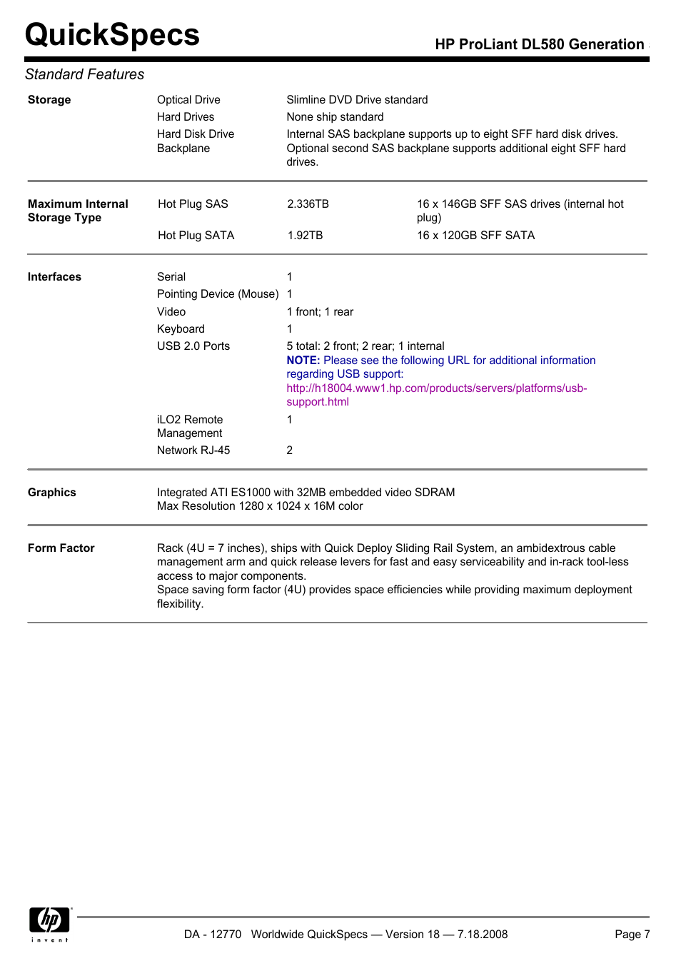 Quickspecs, Hp proliant dl580 generation 5 standard features | HP Proliant DL580 User Manual | Page 7 / 48