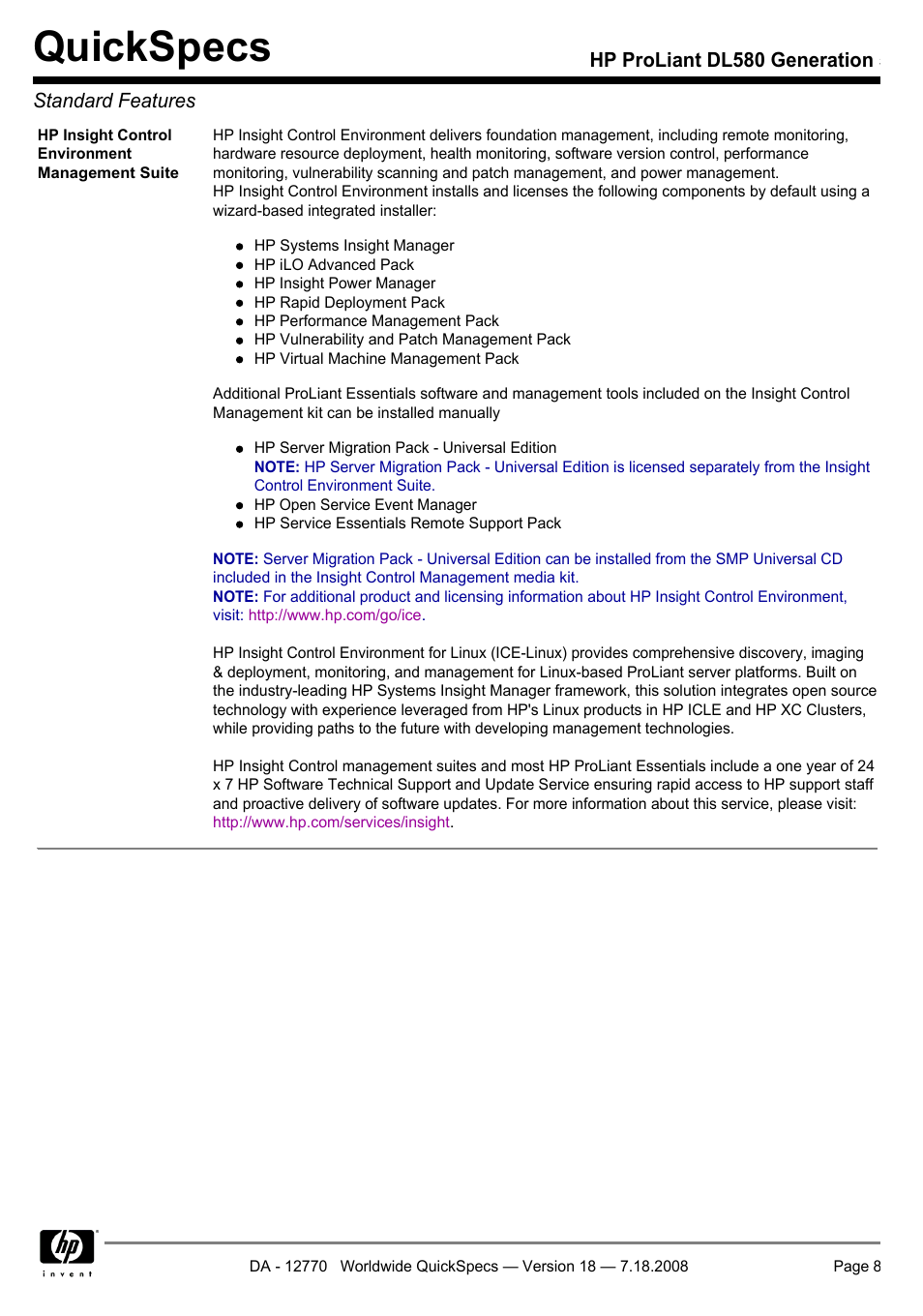 Quickspecs | HP Proliant DL580 User Manual | Page 8 / 48