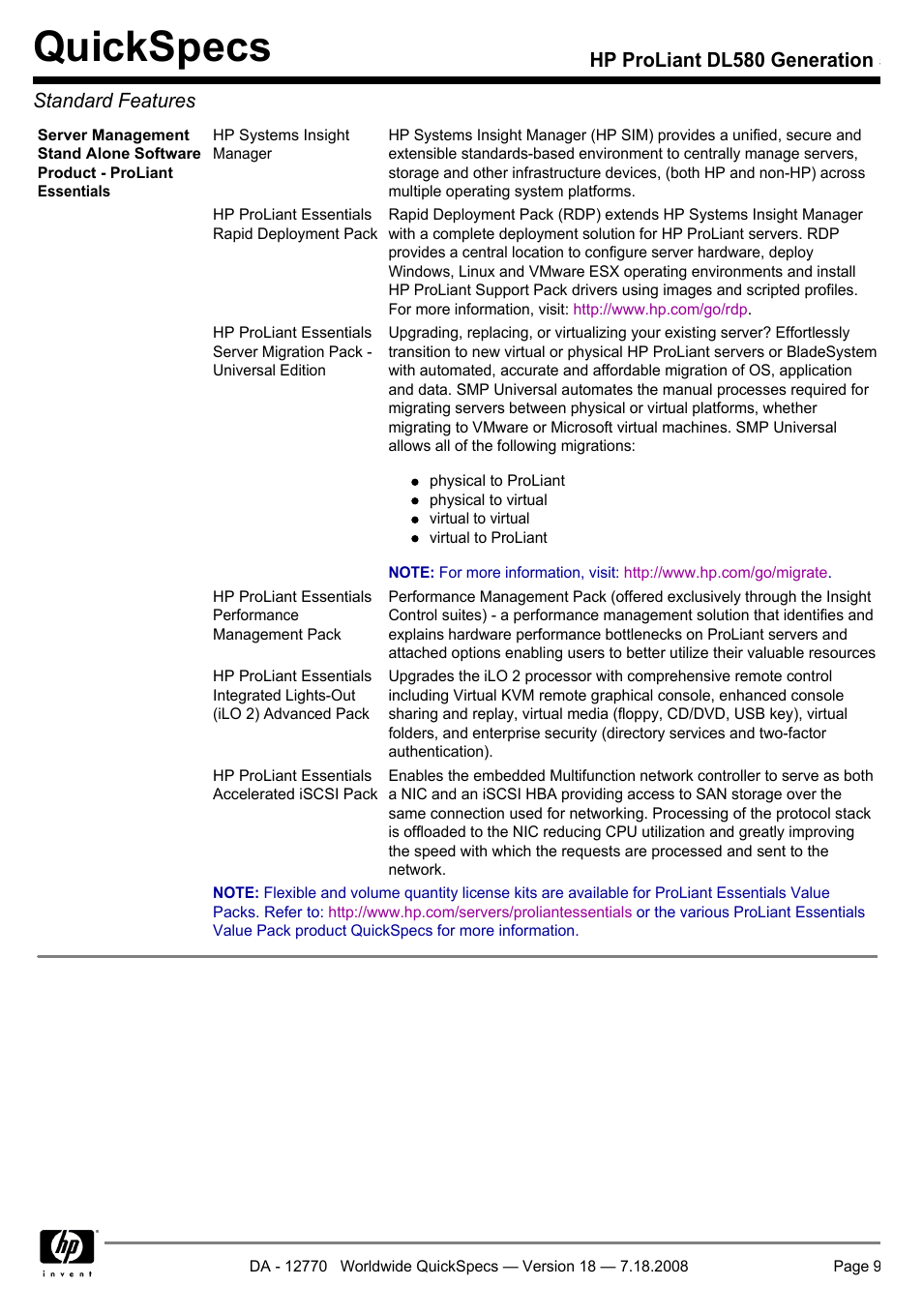 Quickspecs, Hp proliant dl580 generation 5 standard features | HP Proliant DL580 User Manual | Page 9 / 48