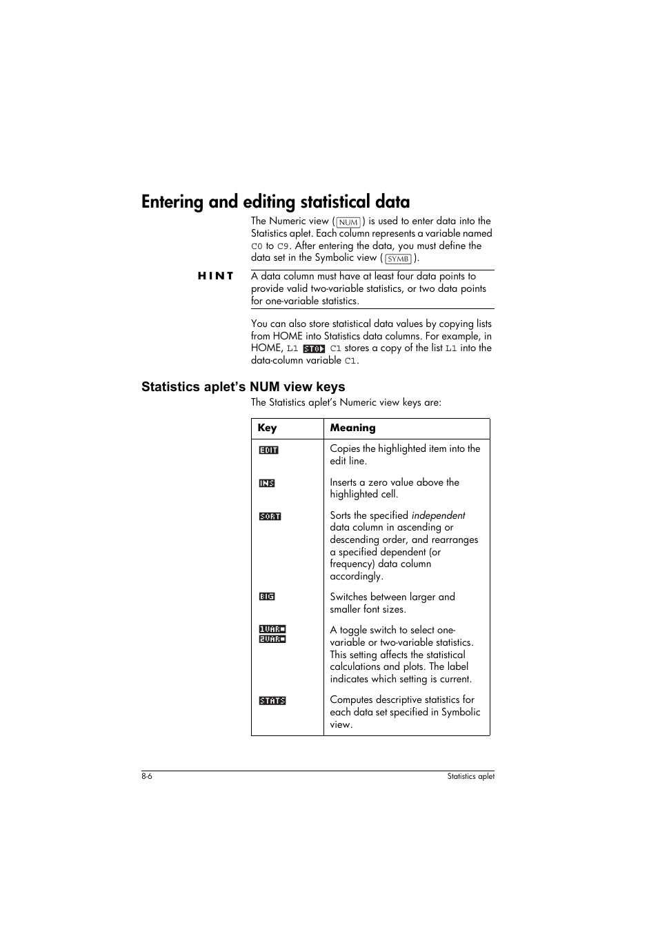 Entering and editing statistical data, Hint, Statistics aplet’s num view keys | Meaning | HP 39g+ User Manual | Page 100 / 294
