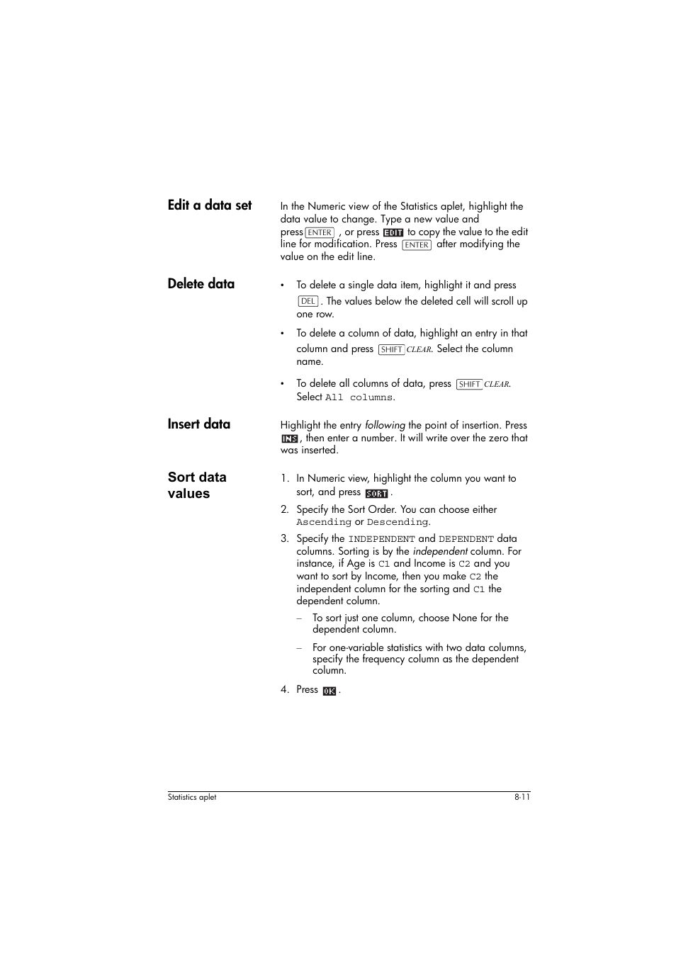 Edit a data set, Delete data, Insert data | Sort data values | HP 39g+ User Manual | Page 105 / 294