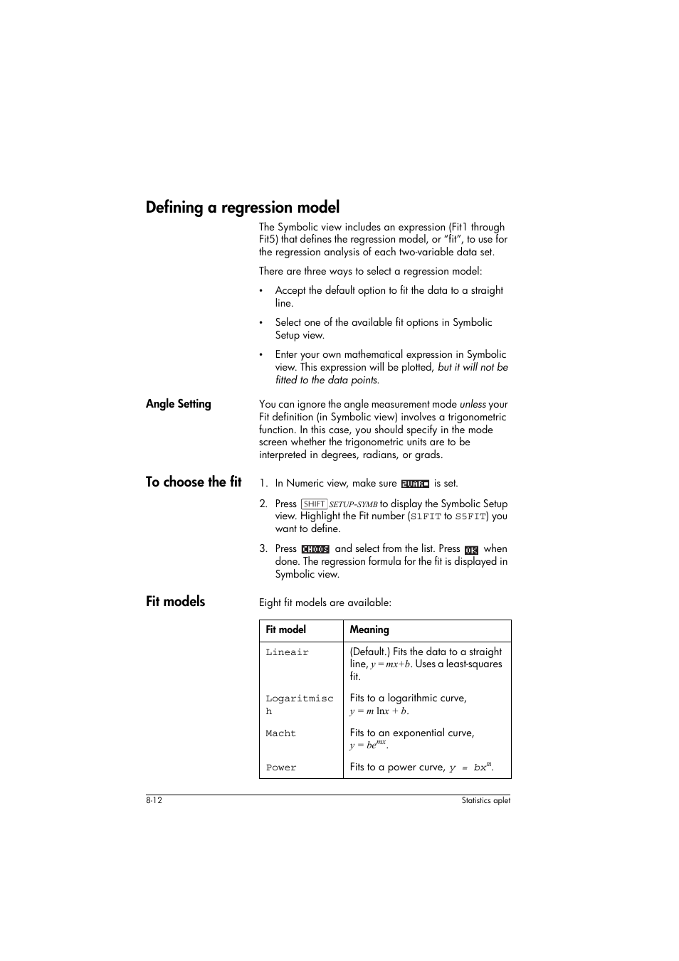 Defining a regression model, Angle setting, To choose the fit | Fit models, Fit model, Meaning | HP 39g+ User Manual | Page 106 / 294