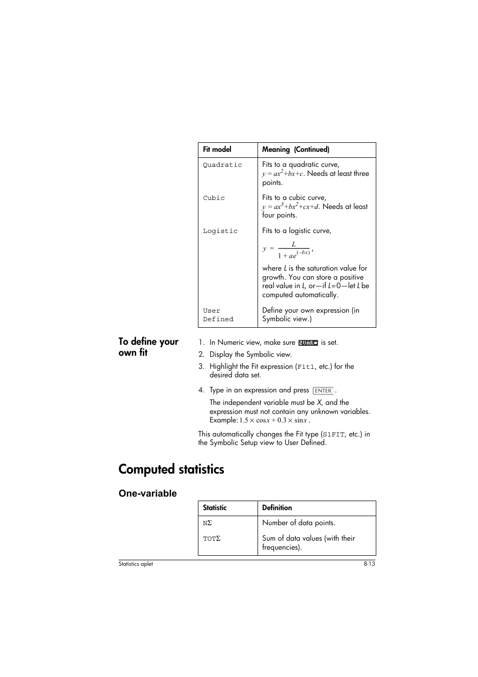 To define your own fit, Computed statistics, One-variable | Statistic, Definition | HP 39g+ User Manual | Page 107 / 294