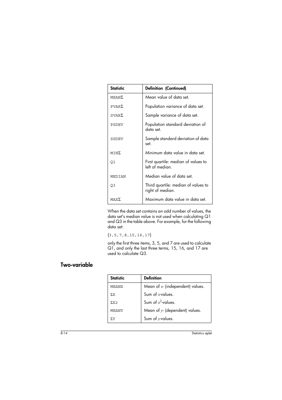 Two-variable, Statistic, Definition | HP 39g+ User Manual | Page 108 / 294