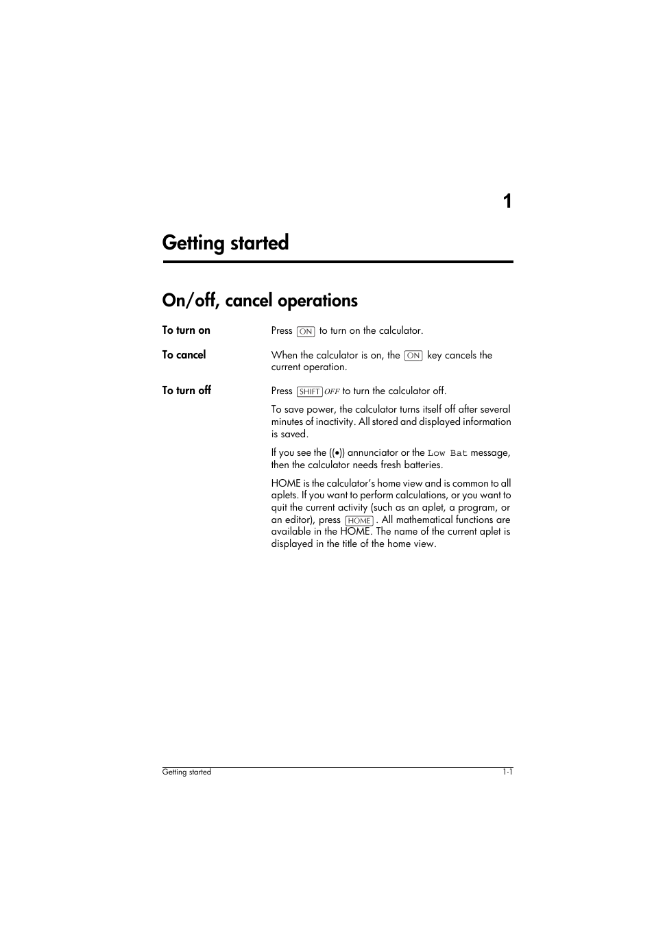 On/off, cancel operations, To turn on, To cancel | To turn off, 1getting started | HP 39g+ User Manual | Page 11 / 294