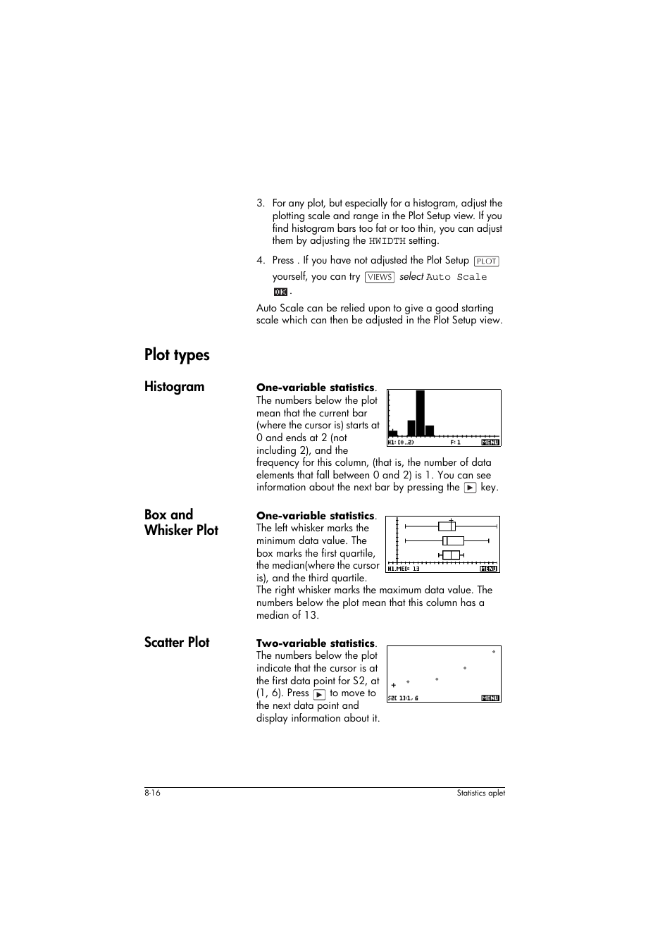 Plot types, Histogram, Box and whisker plot | Scatter plot | HP 39g+ User Manual | Page 110 / 294