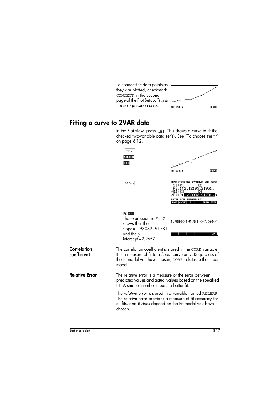 Fitting a curve to 2var data, Correlation coefficient, Relative error | HP 39g+ User Manual | Page 111 / 294