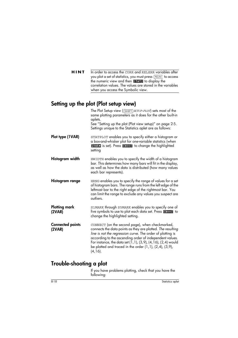 Hint, Setting up the plot (plot setup view), Plot type (1var) | Histogram width, Histogram range, Plotting mark (2var), Connected points (2var), Trouble-shooting a plot | HP 39g+ User Manual | Page 112 / 294