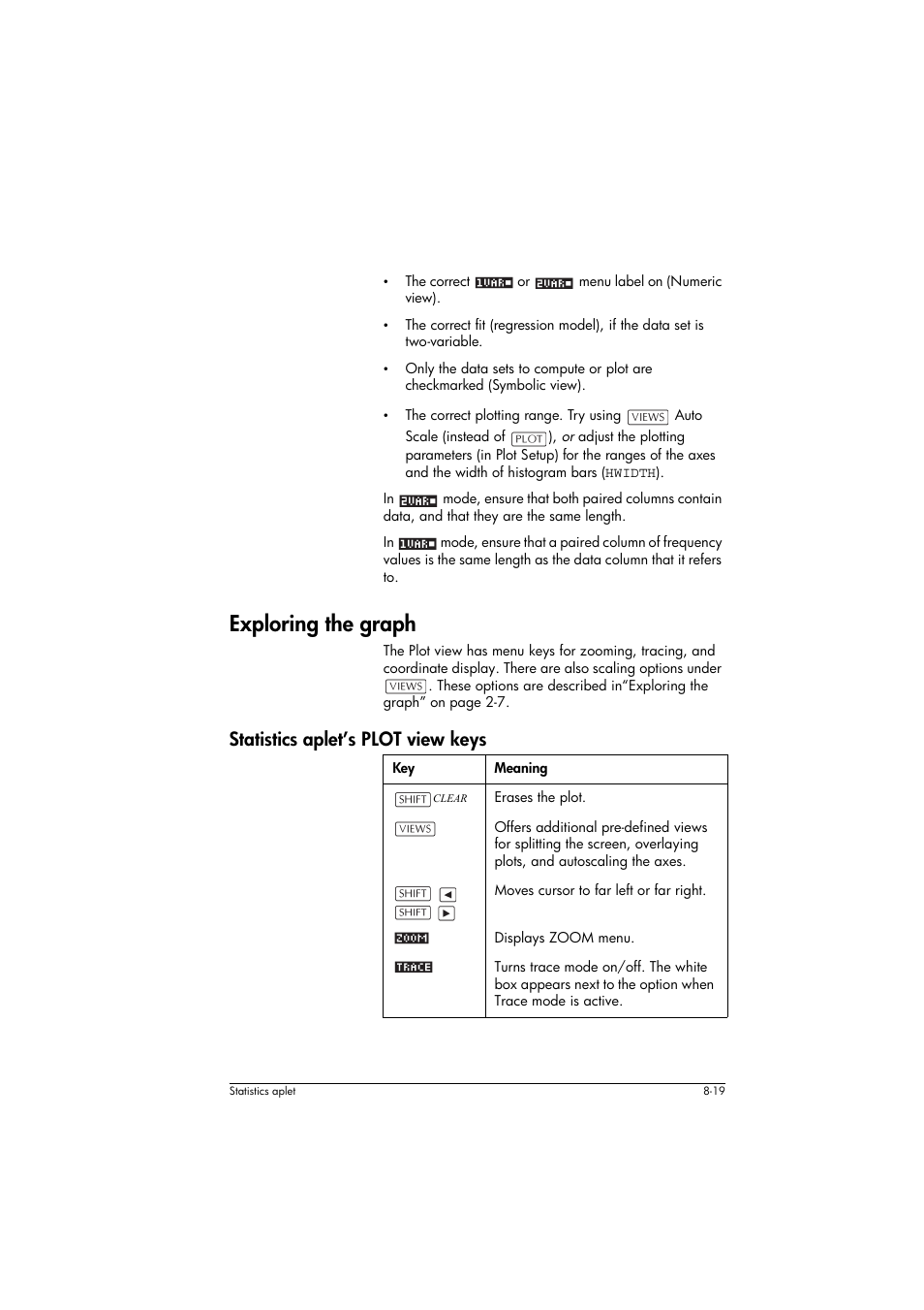 Exploring the graph, Statistics aplet’s plot view keys, Meaning | HP 39g+ User Manual | Page 113 / 294