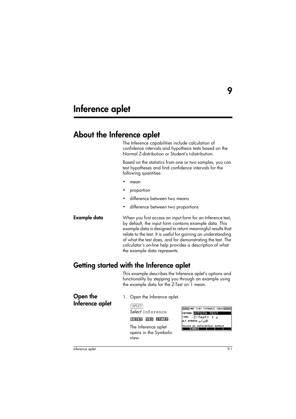 About the inference aplet, Example data, Getting started with the inference aplet | Open the inference aplet, 9inference aplet | HP 39g+ User Manual | Page 117 / 294