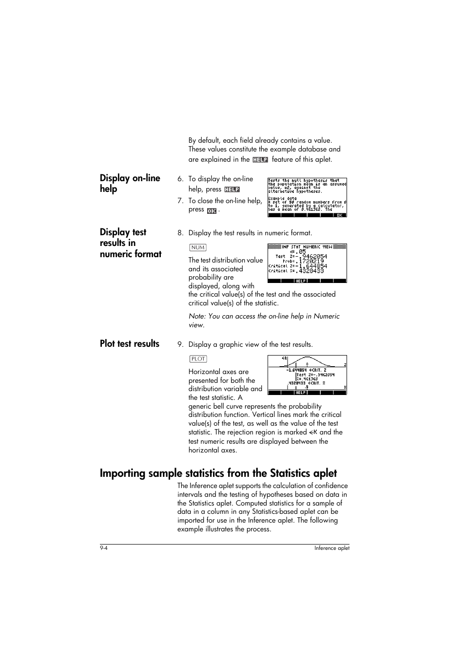 Display on-line help, Display test results in numeric format, Plot test results | HP 39g+ User Manual | Page 120 / 294